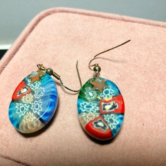 Vintage Unique Multi Color Oval Cabochon Earrings Silver French Wires - Picture 6 of 8